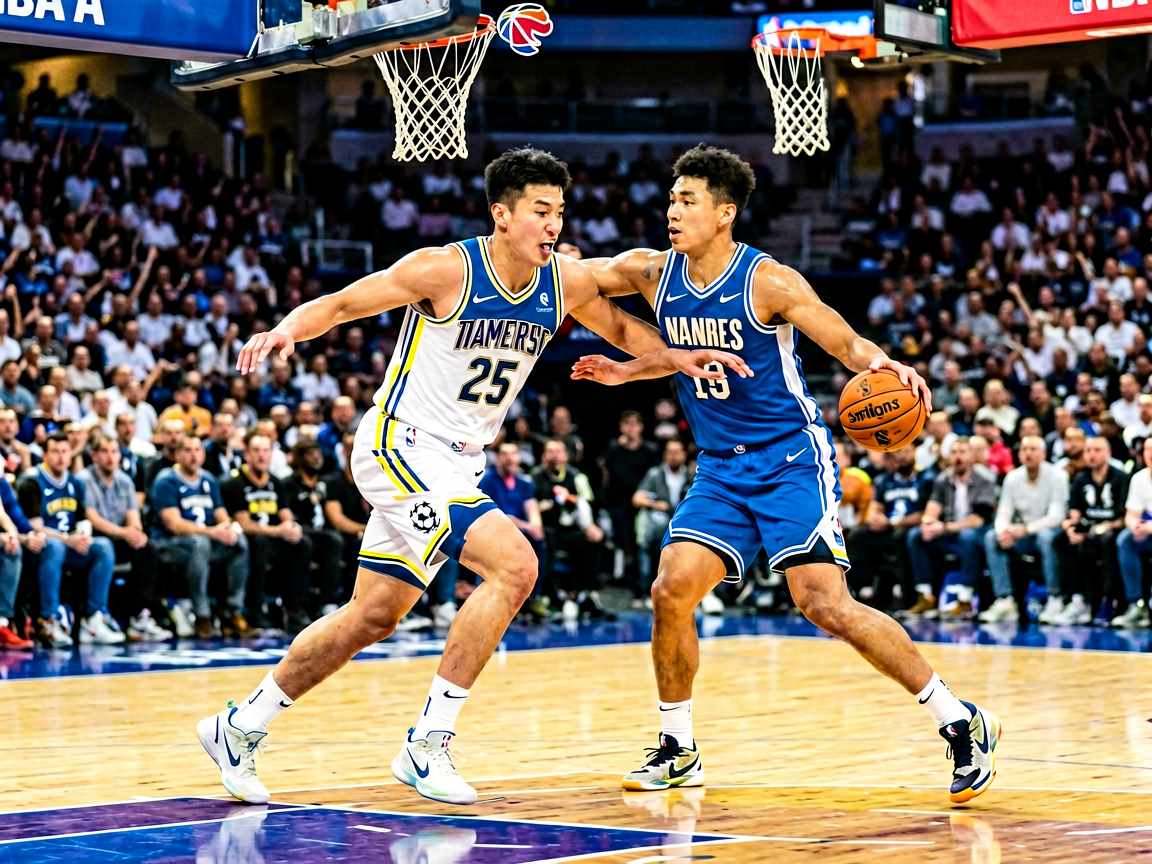 NBA篮球比赛现场，球员激烈对抗